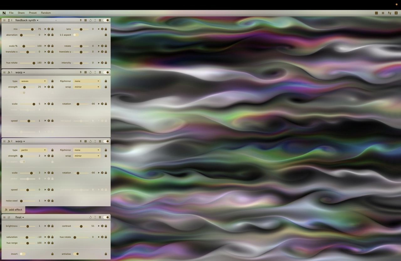 Noisedeck screenshot. On the left, a stack of modules with input controls. On the right, a colorful canvas.